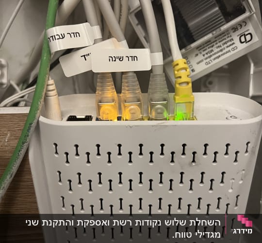 כבלים מחוברים לנתב עם תוויות חדרים